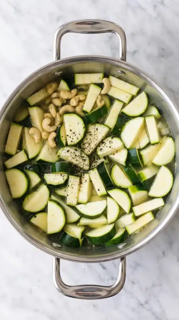 Zucchini Soup : Easy Recipe for a Happy, Cozy Meal 8 Zucchini Soup with chopped zucchini, cashews, broth, and black pepper in a pot