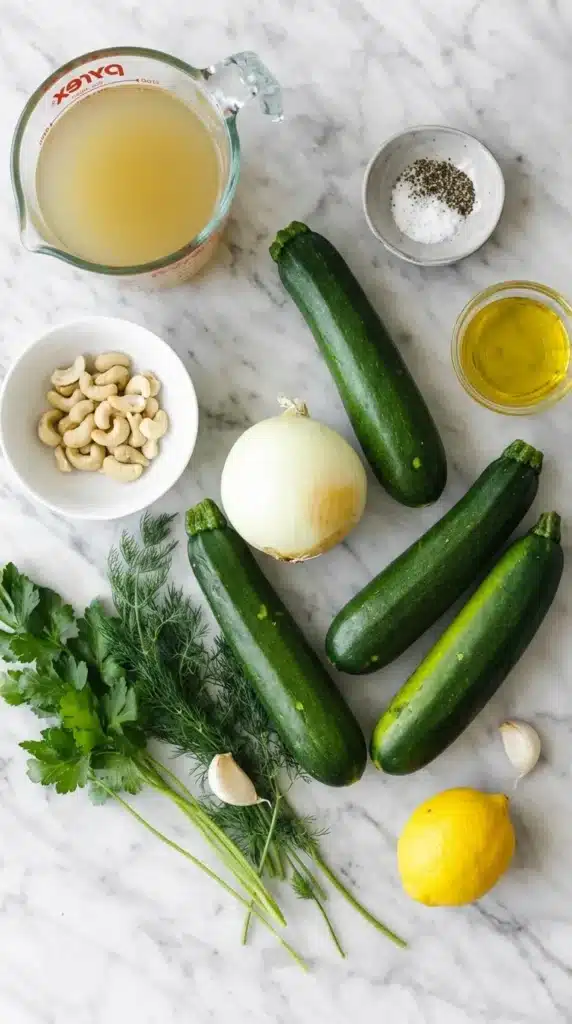 Zucchini Soup : Easy Recipe for a Happy, Cozy Meal 7 Zucchini Soup ingredients with fresh zucchini, cashews, lemon, garlic, broth, and herbs