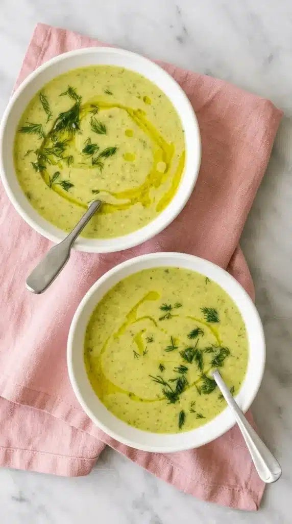 Zucchini Soup : Easy Recipe for a Happy, Cozy Meal 10 Zucchini Soup served with fresh dill and golden olive oil in three bowls