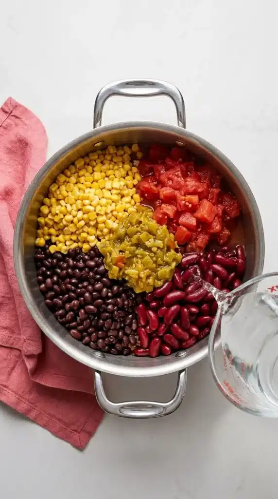 Taco Soup Recipe : Easy, Hearty 30-Minute Dinner 10 Taco Soup with beans, corn, tomatoes, green chilies, and water added to the pot