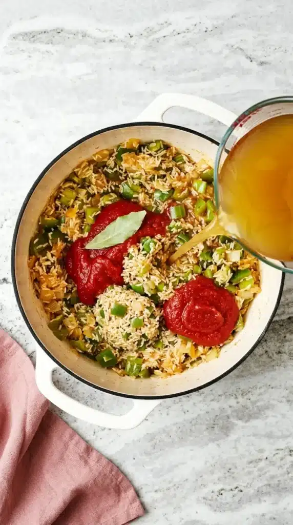 Jambalaya recipe : Easy, Powerful One Pot Dinner 8 Jambalaya with rice, tomatoes, vegetables, and chicken broth being added to a Dutch oven