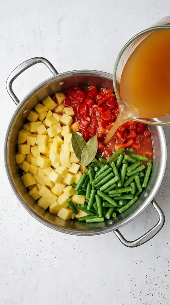 Vegetable Soup with potatoes, green beans and tomatoes as vegetable broth pours into the pot