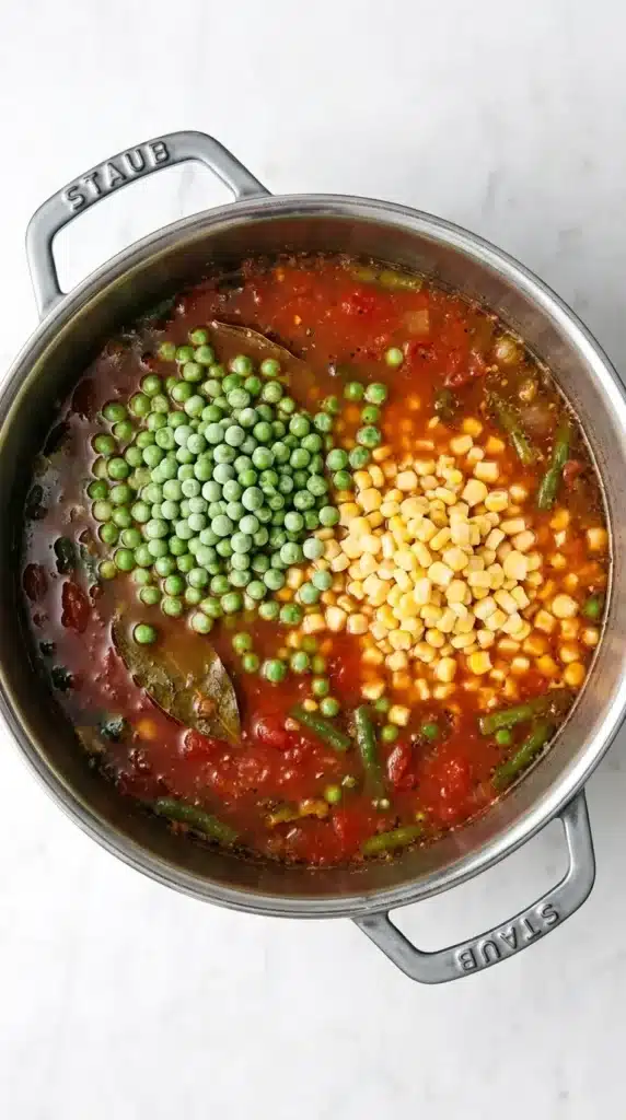 Vegetable Soup with frozen peas and corn added to the tomato vegetable broth