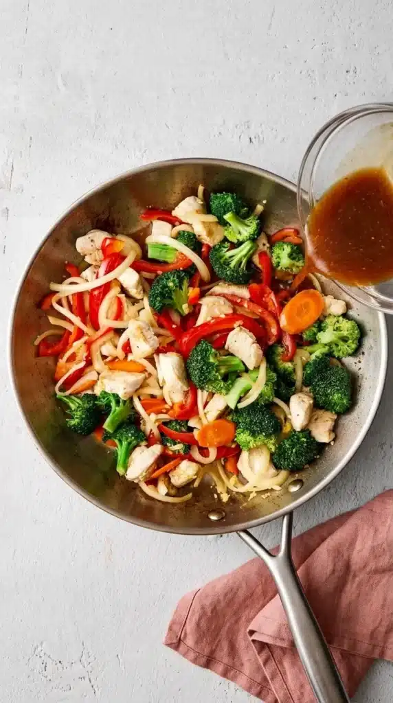 Chicken Stir Fry sauce being poured over chicken and vegetables in a skillet