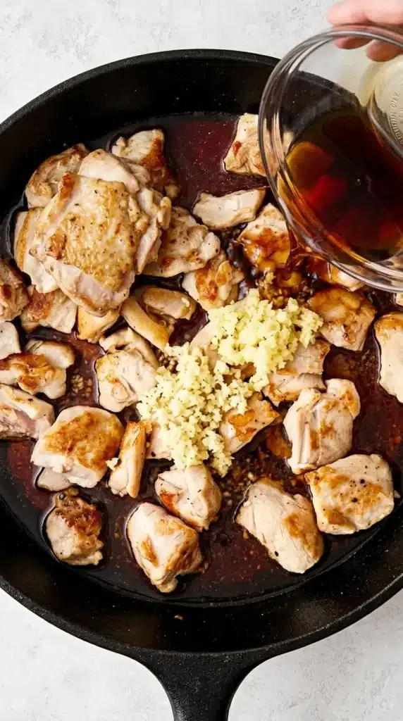 Teriyaki Chicken with homemade sauce, ginger and garlic added to browned chicken in a skillet