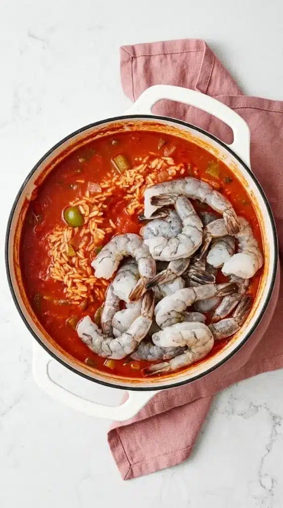 Jambalaya recipe : Easy, Powerful One Pot Dinner 9 Raw shrimp added to jambalaya with rice, tomatoes, chicken, and andouille sausage