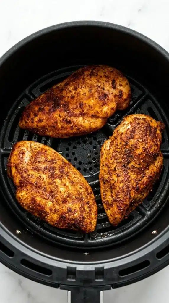 Air Fryer Chicken Breast Recipe : Easy, Juicy Results 11 Golden Air Fryer Chicken Breast cooking in a black air fryer basket