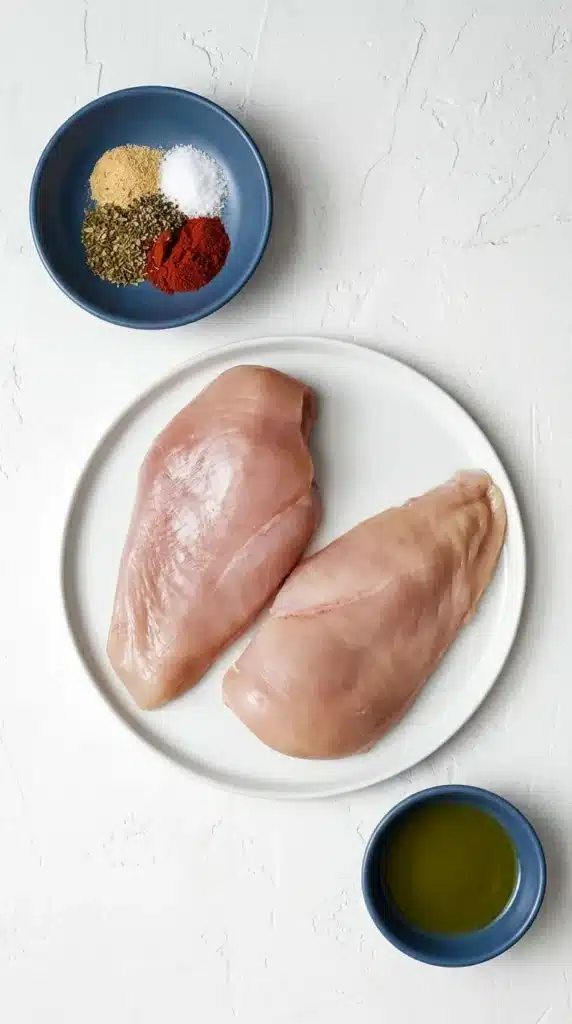 Air Fryer Chicken Breast Recipe : Easy, Juicy Results 8 Air Fryer Chicken Breast ingredients with raw chicken, olive oil, herbs and spices