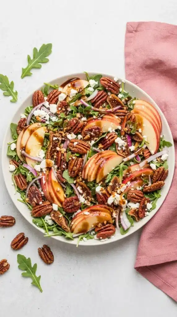 Apple Arugula Salad Recipe : Quick Thanksgiving Feast 6 Apple Arugula Salad with crisp apples, goat cheese, figs, maple pecans, and balsamic dressing