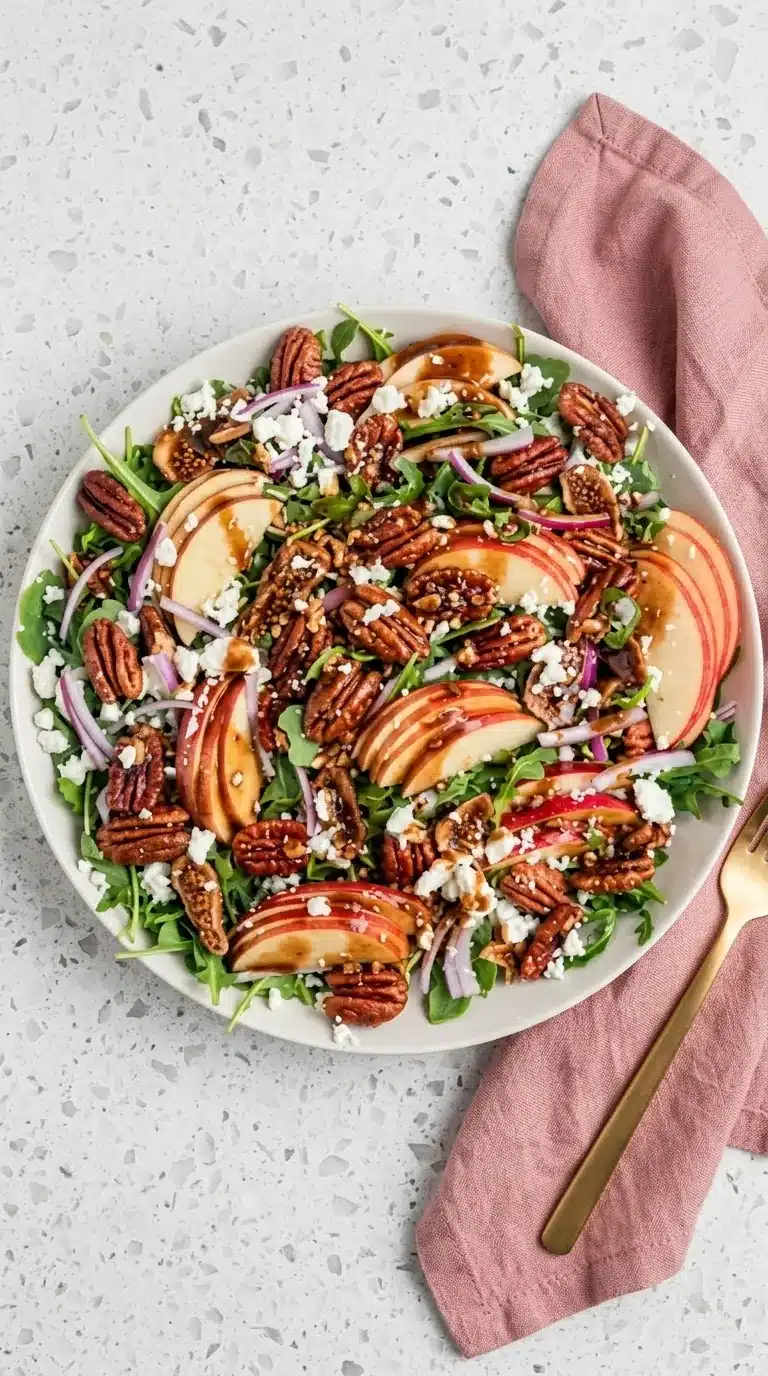 Apple Arugula Salad with crisp apples, goat cheese, maple pecans, figs, and balsamic dressing