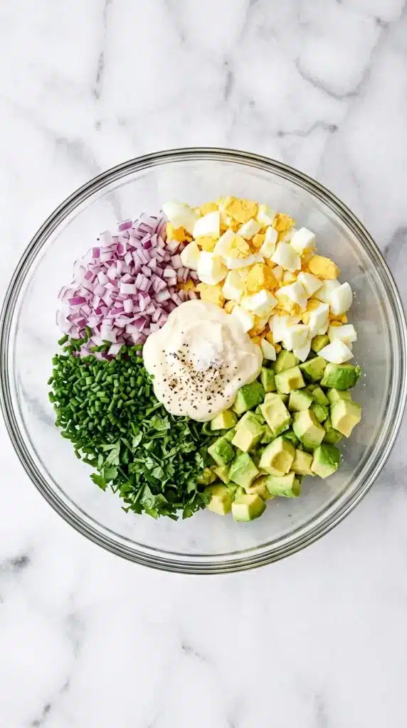 Avocado Egg Salad ingredients with chopped eggs, avocado, red onion, herbs, and mayonnaise