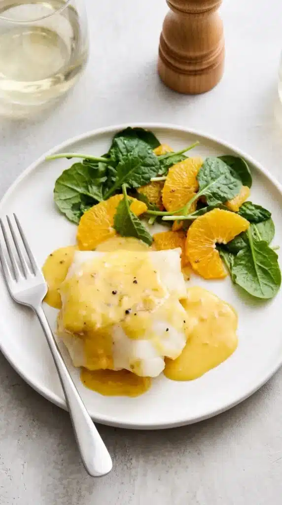 Baked Cod Beurre Blanc with flaky cod and silky orange butter sauce