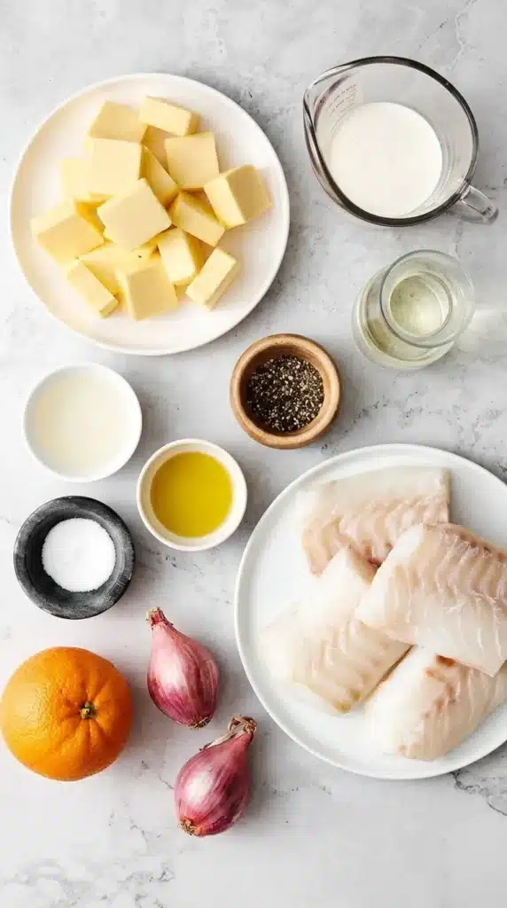 Baked Cod Beurre Blanc ingredients with cod, orange, butter, cream and shallots