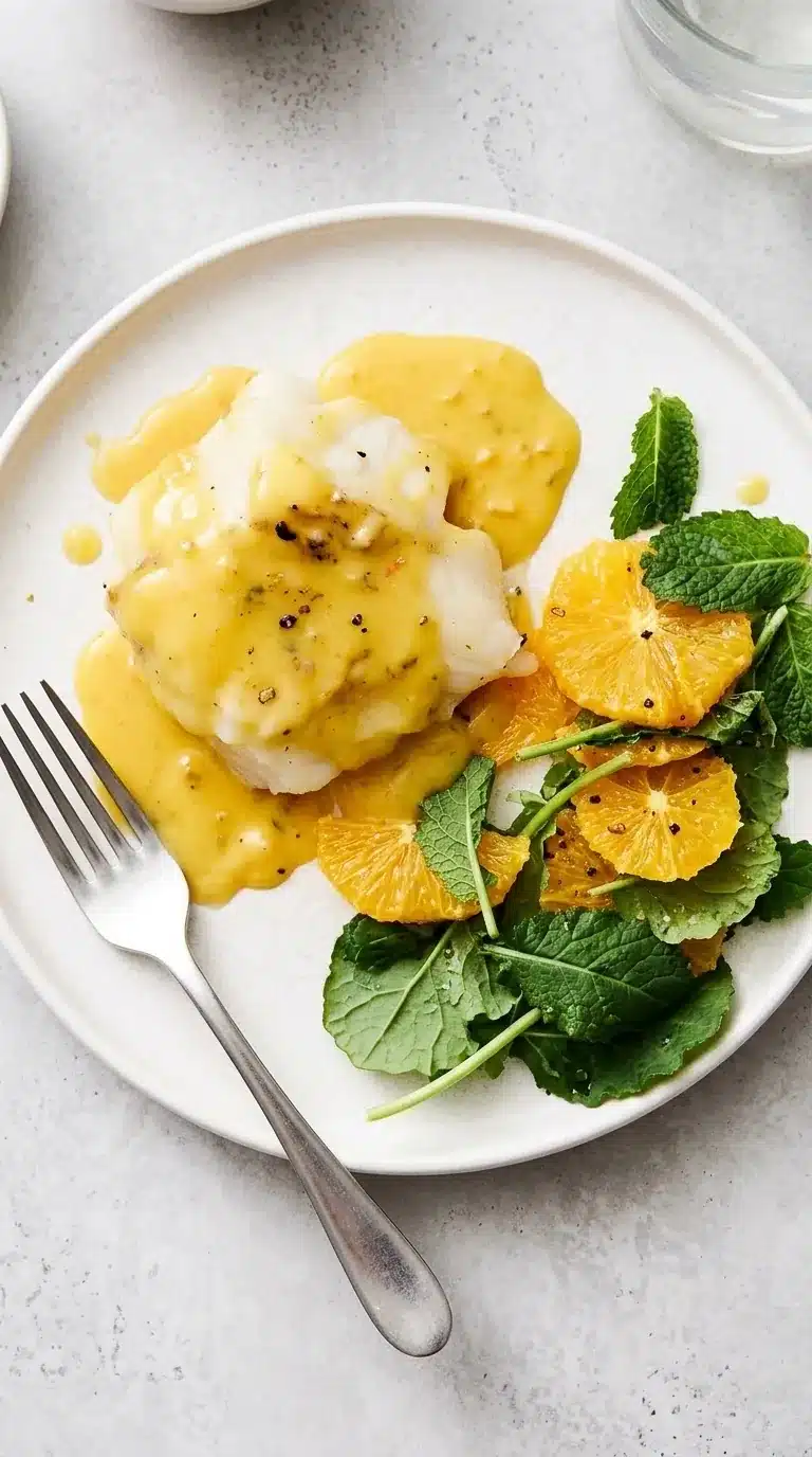 Baked Cod Beurre Blanc with silky orange butter sauce, citrus and fresh greens