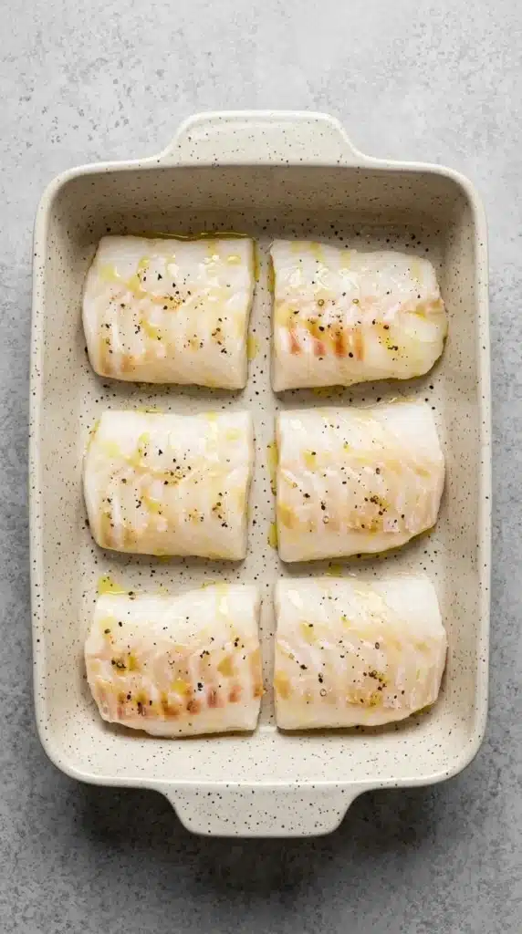 Baked Cod Beurre Blanc cod fillets seasoned with olive oil, salt and pepper