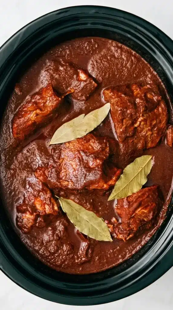 Beef chuck roast cooking in rich Birria sauce with bay leaves in a slow cooker