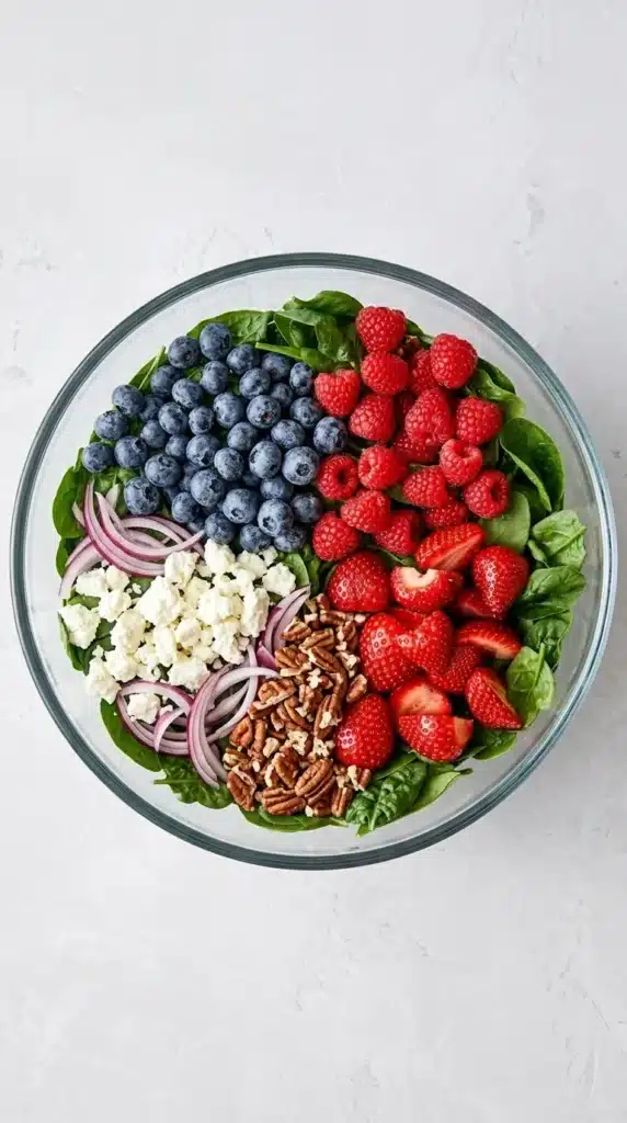 Berry Spinach Salad Recipe | Fresh, Colorful, Easy Lunch 7 Berry Spinach Salad ingredients arranged before adding raspberry vinaigrette.