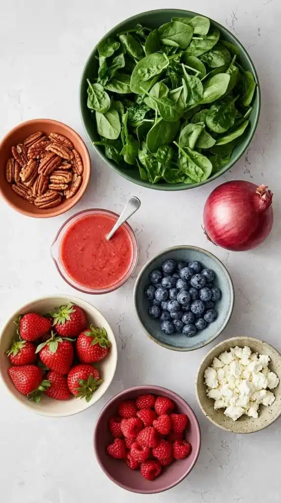 Berry Spinach Salad Recipe | Fresh, Colorful, Easy Lunch 6 Berry Spinach Salad ingredients including spinach, berries, goat cheese, pecans, onion, and vinaigrette.