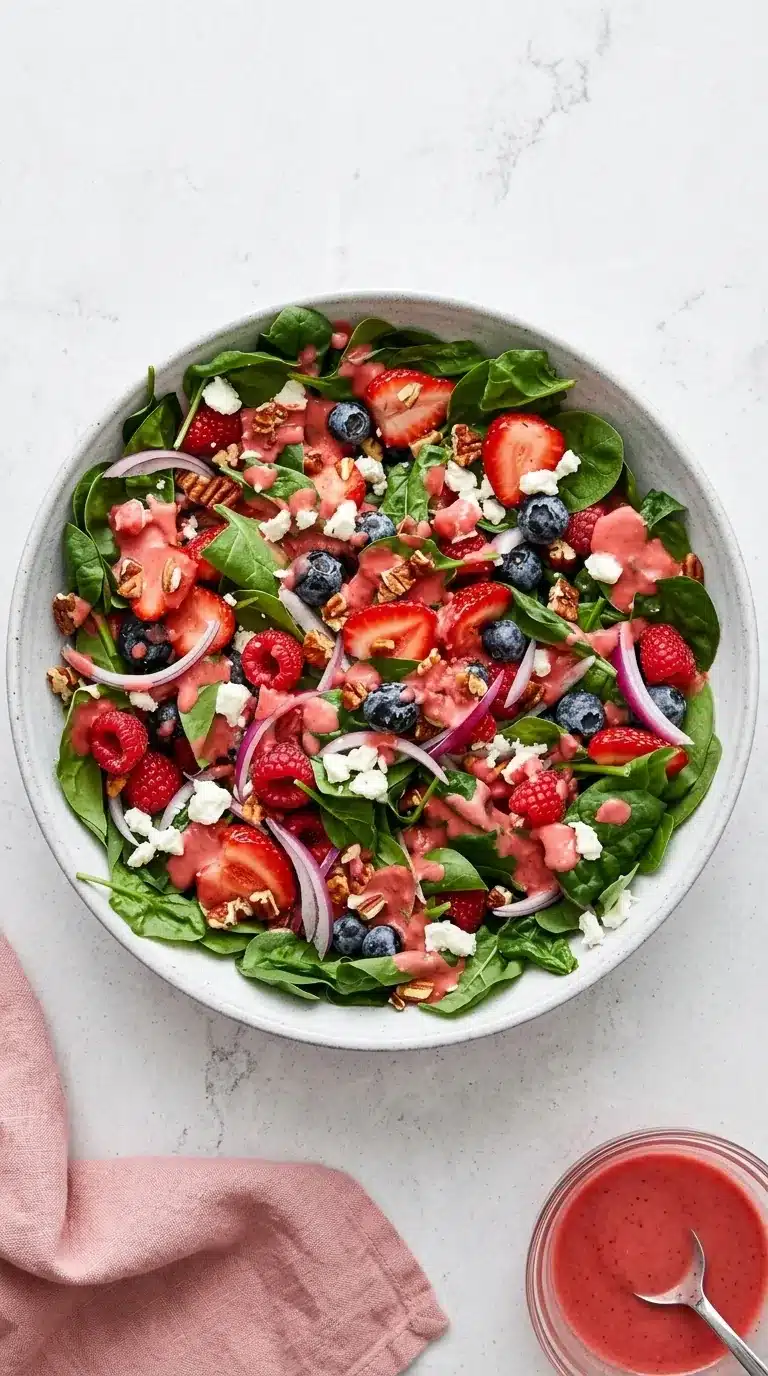 Berry Spinach Salad with fresh berries, goat cheese, pecans, and raspberry vinaigrette.