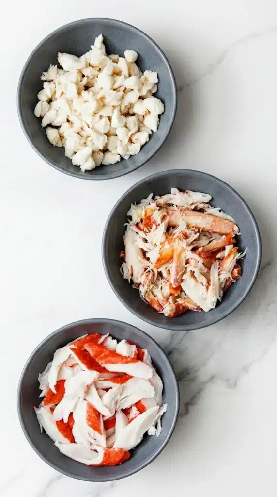 Fresh, canned, and imitation crab meat compared for a Crab Salad recipe.