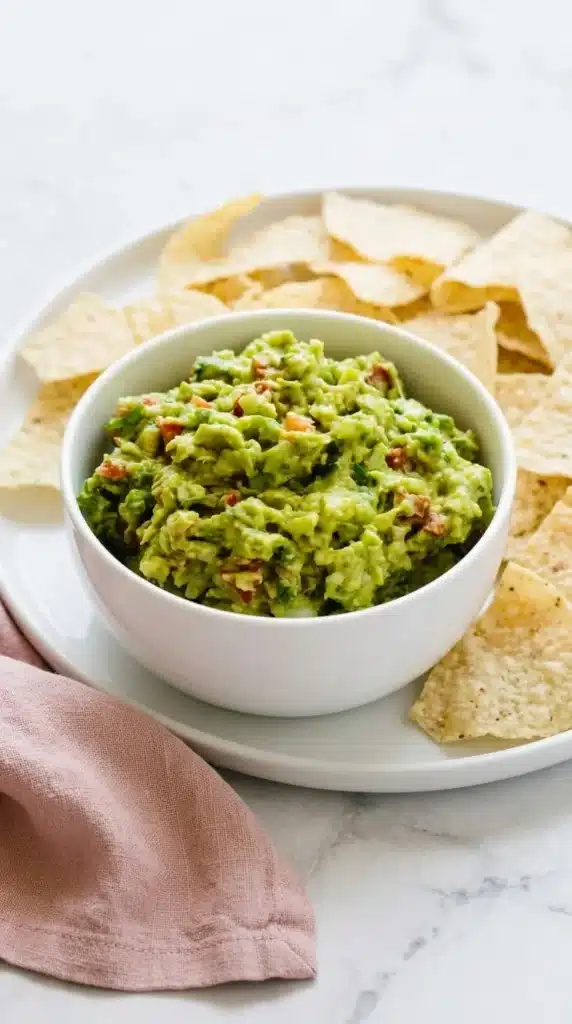 Best Ever Guacamole served in a bowl with crispy tortilla chips