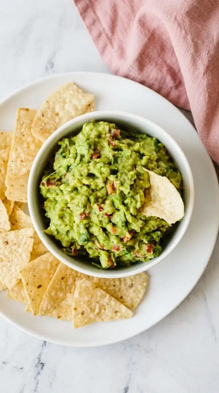 Best Ever Guacamole served in a ceramic bowl with crispy tortilla chips