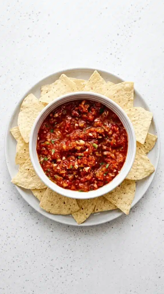Best Salsa Recipe with fire-roasted tomatoes, cilantro, jalapeno, lime, and crispy tortilla chips