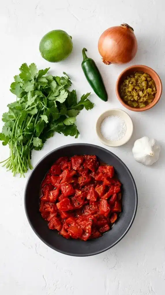 Best Salsa Recipe ingredients with fire-roasted tomatoes, jalapeno, cilantro, lime, onion, and garlic