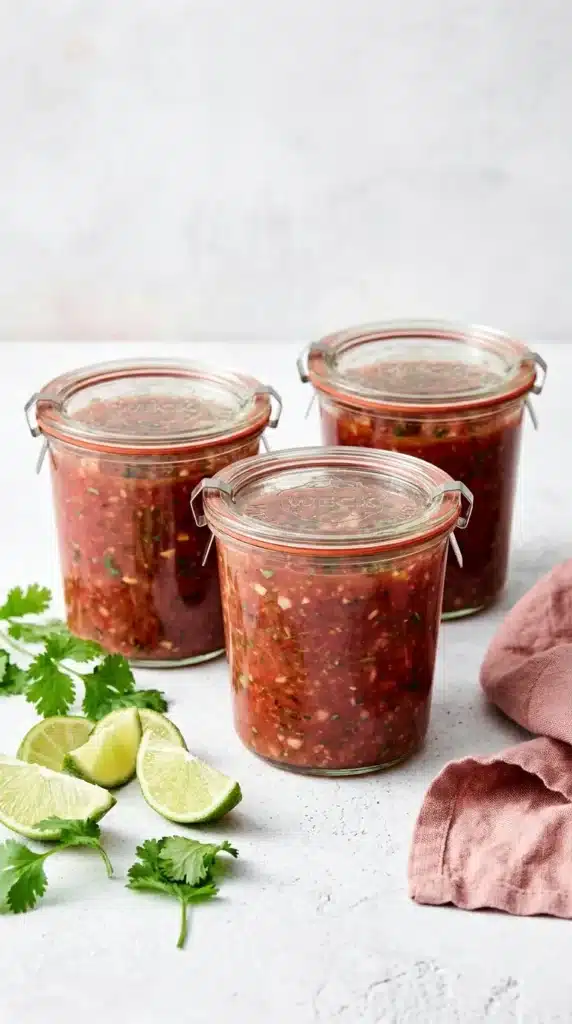 Best Salsa Recipe stored in glass jars with fresh lime and cilantro