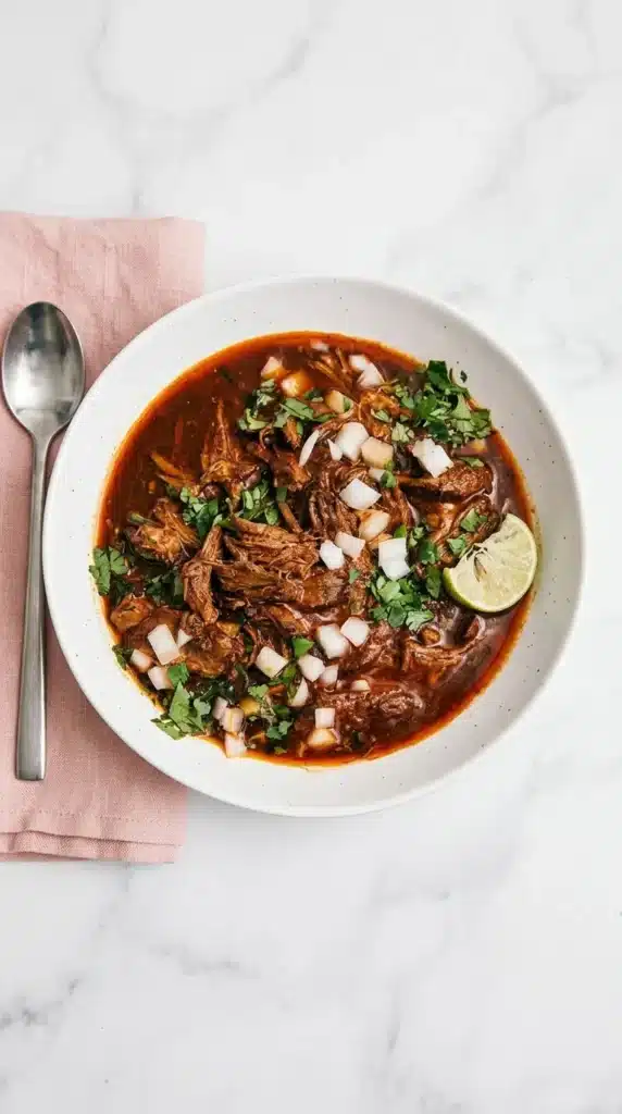 Birria stew with shredded beef, rich consommé, diced onion, cilantro, and lime