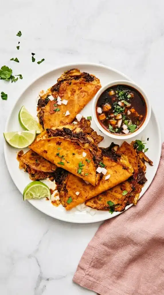 Birria Tacos with crispy tortillas, melted cheese, tender beef, consommé, cilantro, onion, and lime