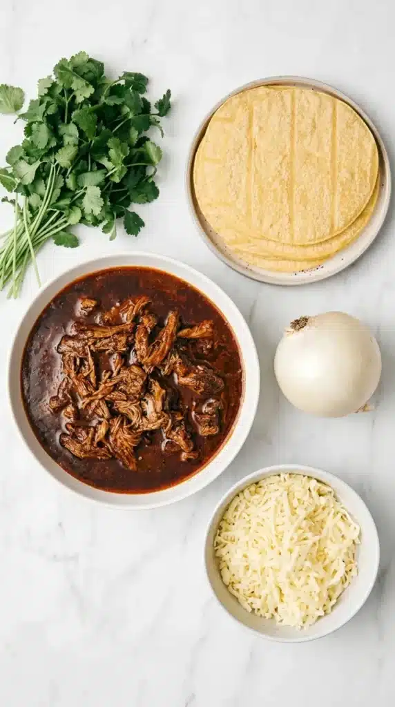 Birria Tacos ingredients with beef birria, corn tortillas, Oaxacan cheese, onion, and cilantro
