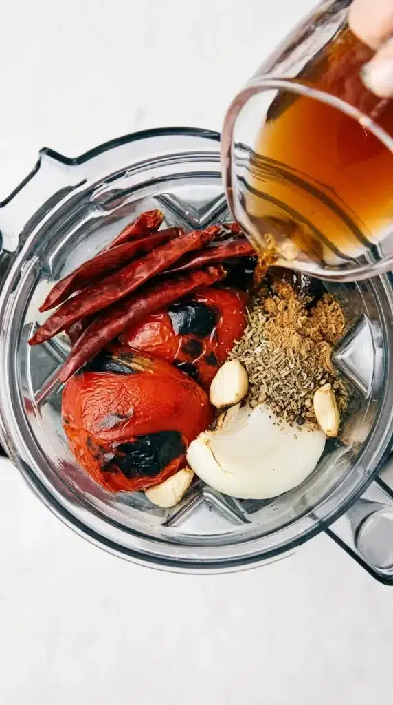 Birria sauce ingredients in a blender with chiles, roasted vegetables, spices, and broth