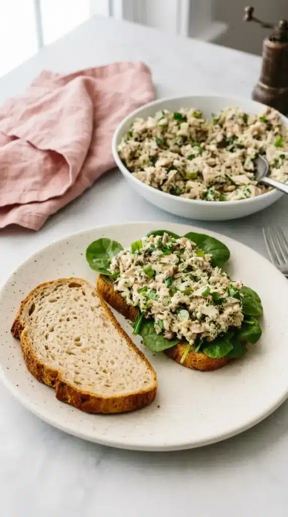 Broccoli Tuna Salad sandwich with fresh spinach on toasted bread