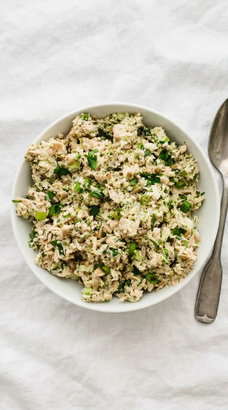Broccoli tuna salad with fresh herbs, green onions, and sunflower seeds in a bowl