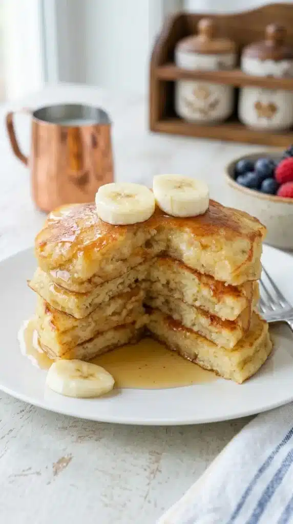 Brown Sugar Banana Pancakes with a soft fluffy center, banana slices, and maple syrup