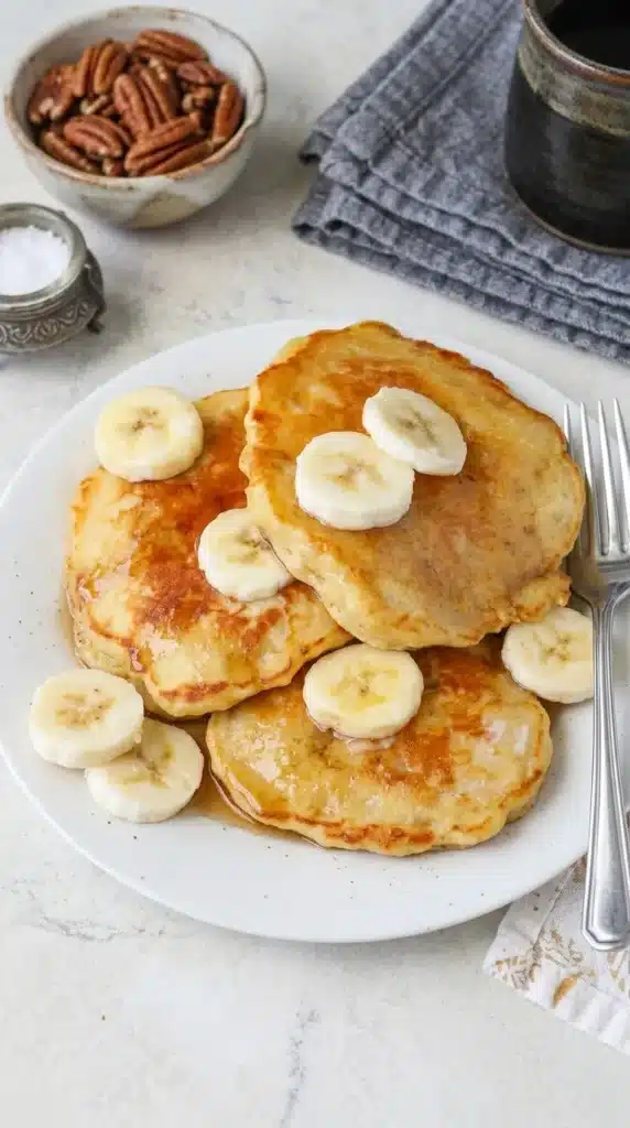 Brown Sugar Banana Pancakes served with fresh banana slices and glossy maple syrup