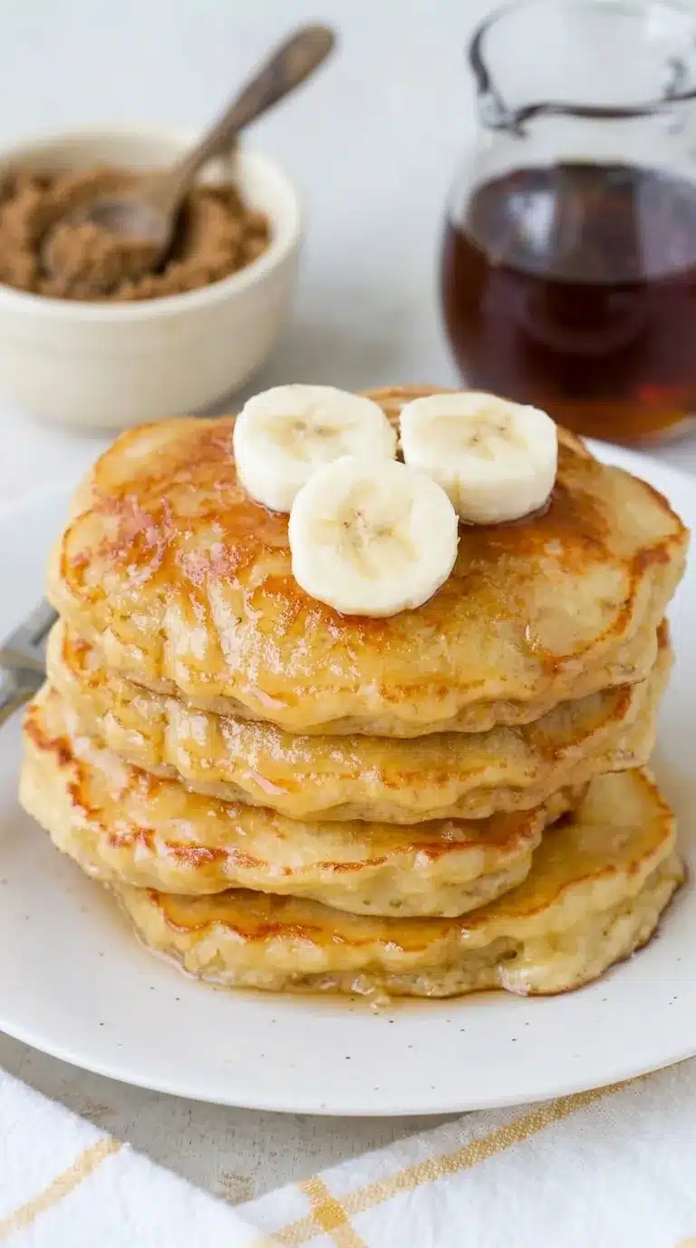 Brown Sugar Banana Pancakes stacked with banana slices and maple syrup on a cream plate
