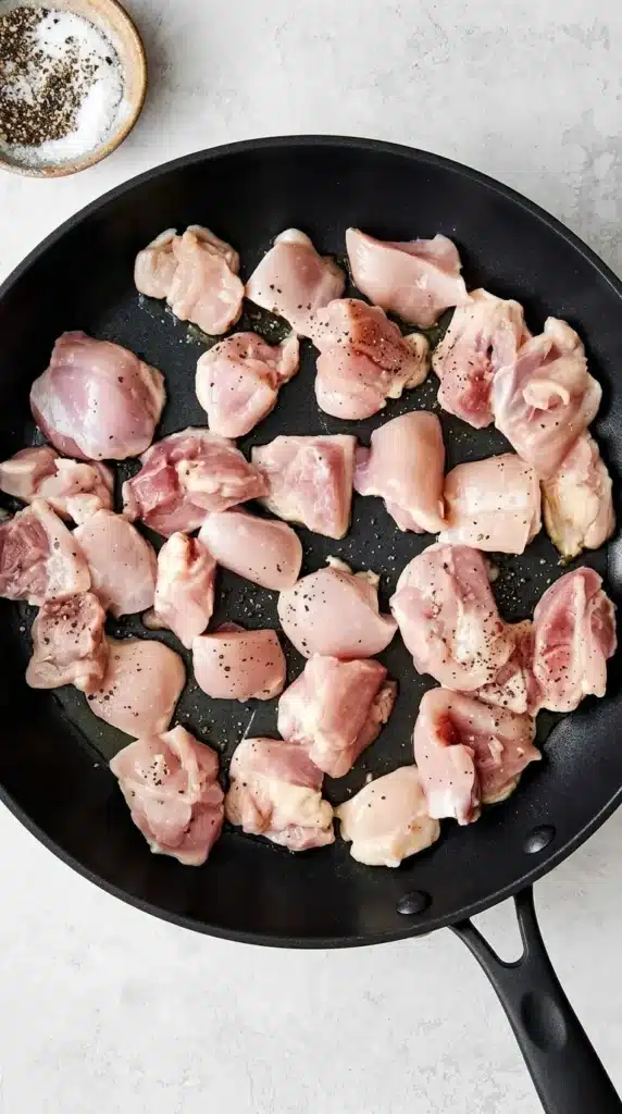 Teriyaki Chicken pieces browning in a skillet with avocado oil, salt and black pepper