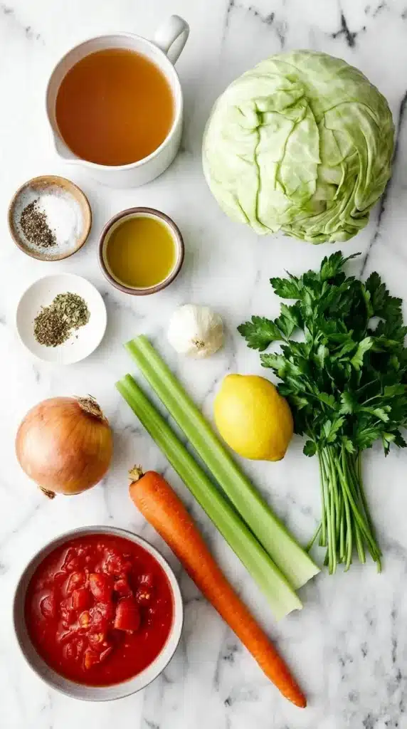 Cabbage Soup Recipe : Simple, Satisfying & Easy 8 Cabbage Soup ingredients with cabbage, tomatoes, carrots, celery, herbs, lemon, and vegetable broth