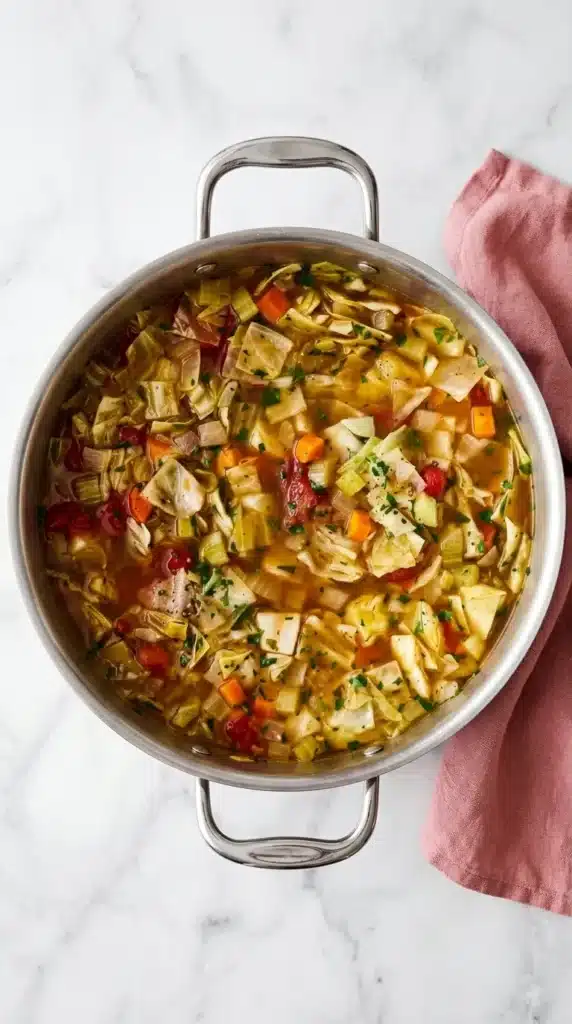 Cabbage Soup Recipe : Simple, Satisfying & Easy 12 Cabbage Soup ready to serve with tender vegetables, fresh herbs, lemon, and a ladle