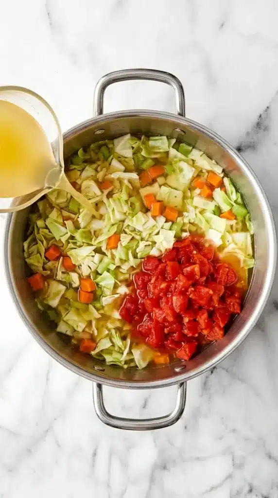 Cabbage Soup Recipe : Simple, Satisfying & Easy 10 Cabbage Soup with diced tomatoes and vegetable broth added to cabbage and vegetables