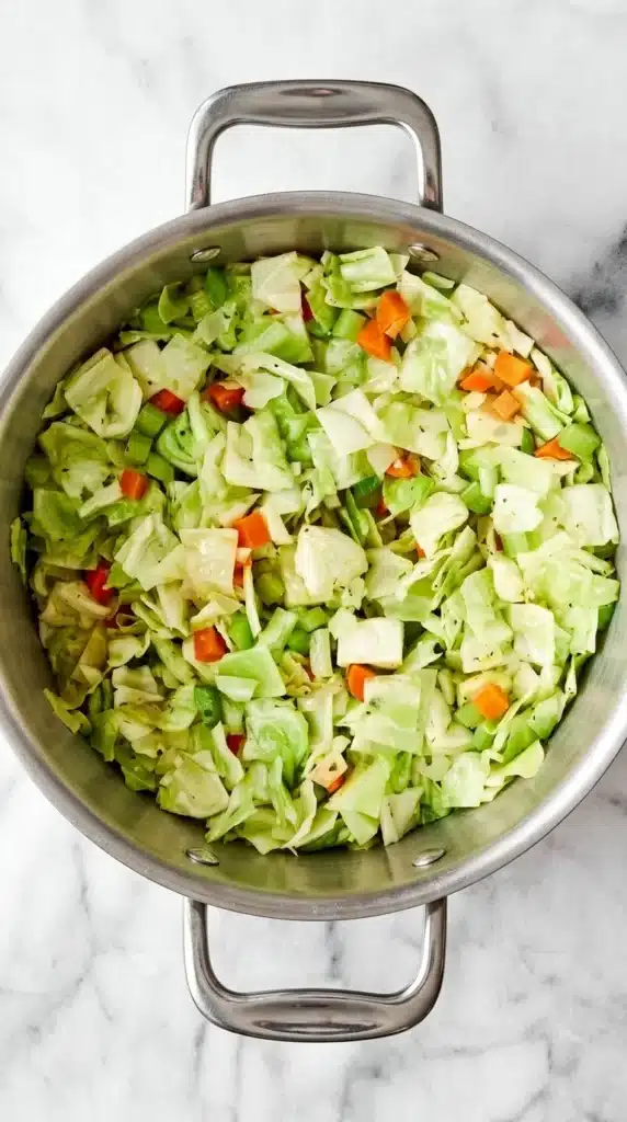 Cabbage Soup Recipe : Simple, Satisfying & Easy 9 Cabbage Soup vegetables cooking with cabbage, carrots, celery, onion, and herbs in a Dutch oven