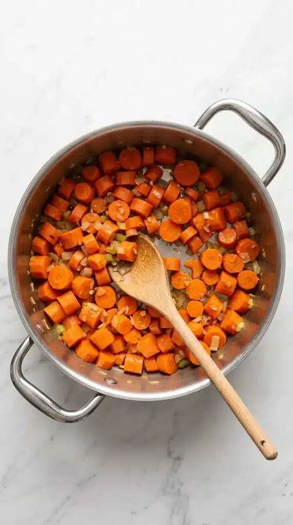 Carrot Ginger Soup : Easy, Vibrant Comfort Recipe 9 Carrot Ginger Soup carrots cooking with onion, fresh ginger, and garlic in a pot