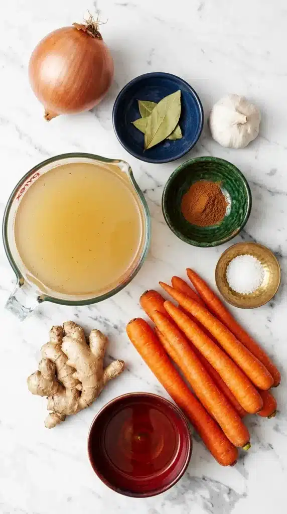 Carrot Ginger Soup : Easy, Vibrant Comfort Recipe 8 Carrot Ginger Soup ingredients with carrots, ginger, garlic, onion, broth, and cinnamon