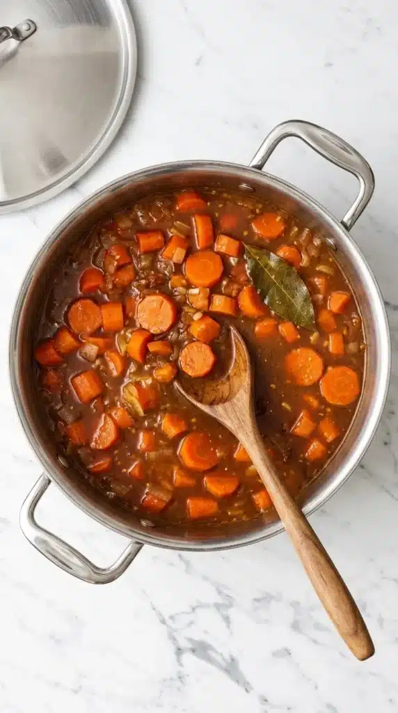 Carrot Ginger Soup : Easy, Vibrant Comfort Recipe 10 Carrot Ginger Soup simmering with carrots, broth, onion, ginger, garlic, and bay leaf