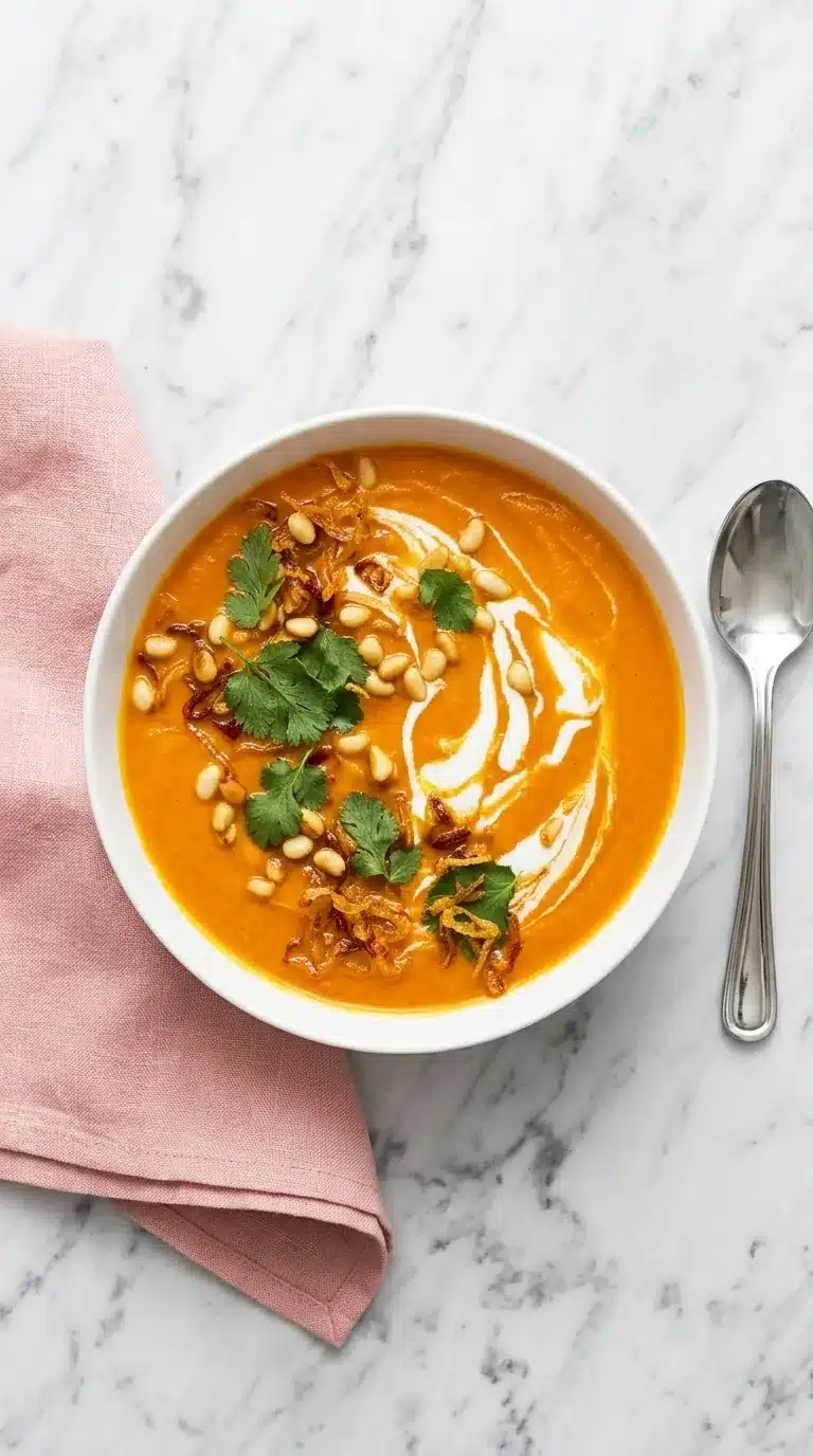 Carrot Ginger Soup with coconut cream, cilantro, pine nuts, and crispy shallots