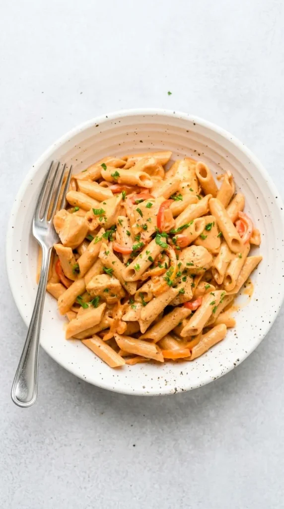Dairy-free cashew cream Cajun chicken pasta with peppers, penne, and fresh parsley