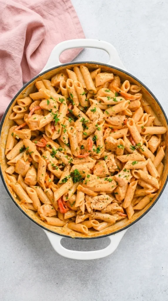Cashew Cream Cajun Chicken Pasta with creamy sauce, chicken, peppers, and gluten-free penne