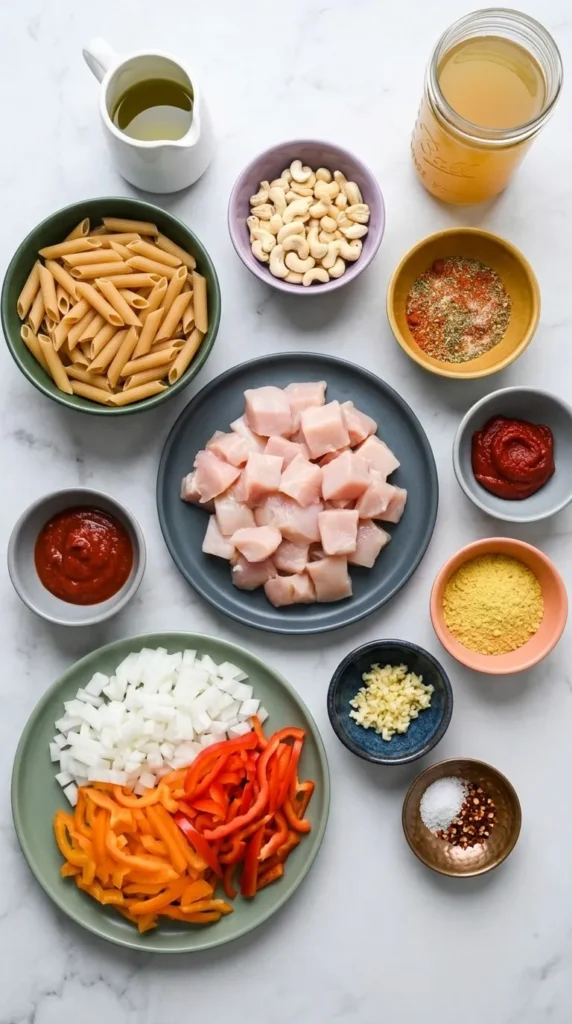 Cashew Cream Cajun Chicken Pasta ingredients with chicken, cashews, peppers and gluten-free penne